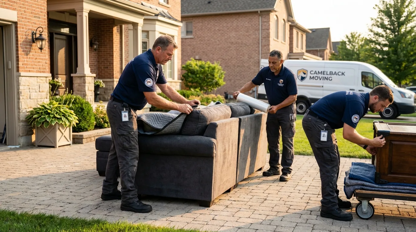 Large estate moving crew wrapping furniture in Hingham, MA