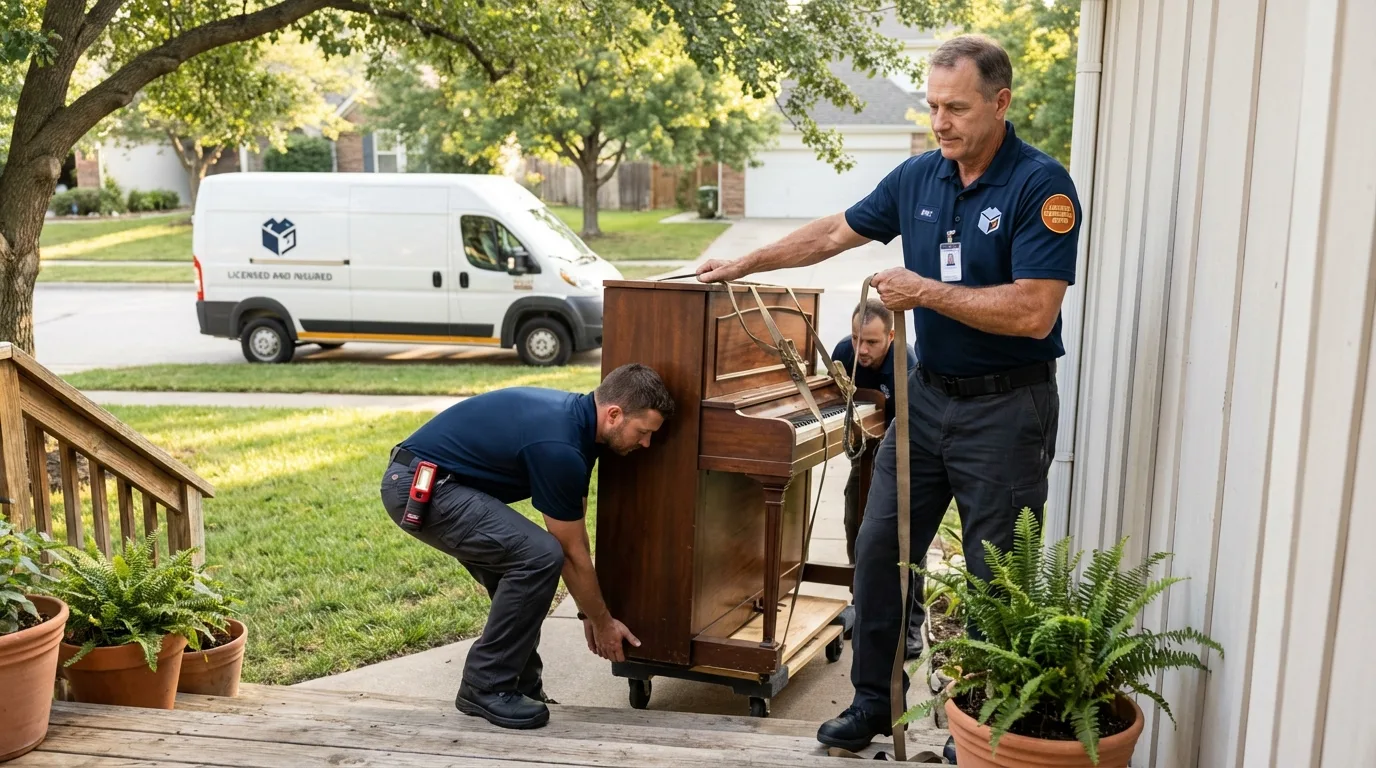 Licensed piano movers securing grand piano in Hingham, MA