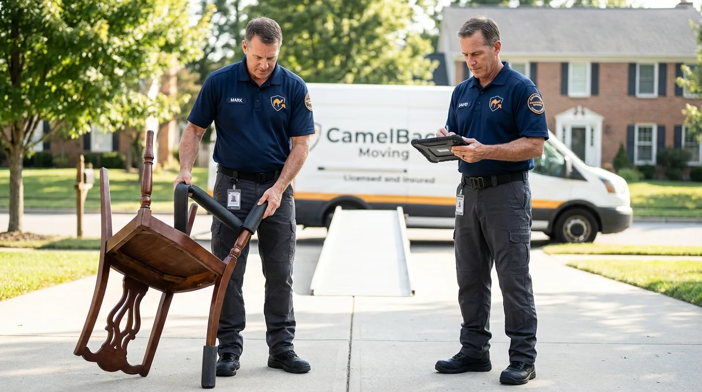 Movers inspecting furniture for damage prevention before loading in Hingham, MA