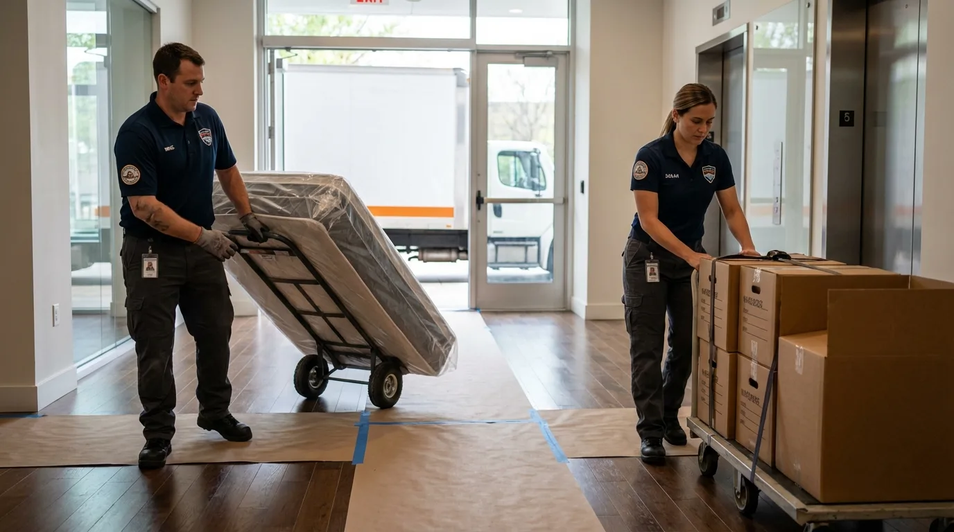 Professional apartment movers loading elevator in Hingham, MA