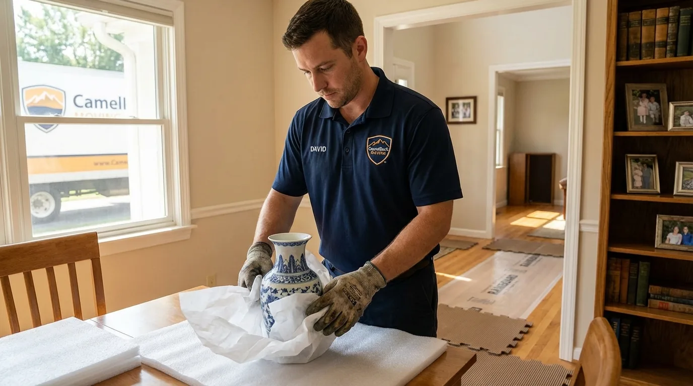 Professional crew carefully wrapping antique vase for senior downsizing move in Hingham, MA