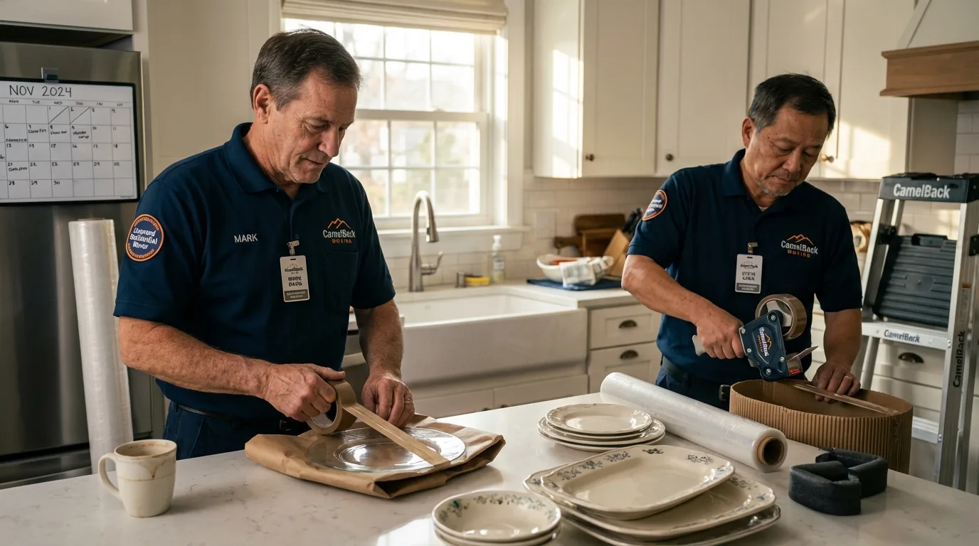 Professional crew packing kitchen dishware in Hingham, MA